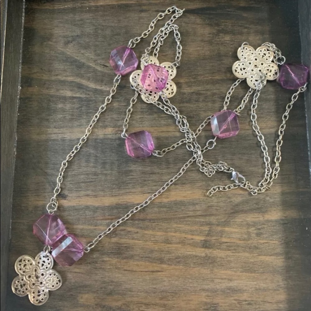 SILVER TONE DOUBLE STRAND NECKLACE PURPLE BEADS🌸